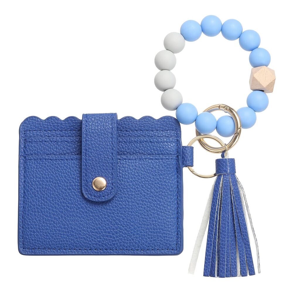 6635 Card Holder Wallet with Silicone Beaded Bracelet, Slim PU Leather